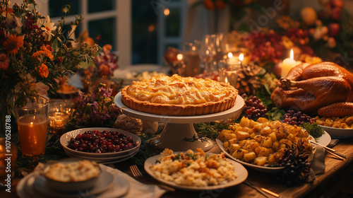 Pumpkin pie, Maple Cranberry Baked Brie, dry brine Turkey, potato salad and some drinks on the dinner table. Thanksgiving vibe. Color is warm. Cinematic style