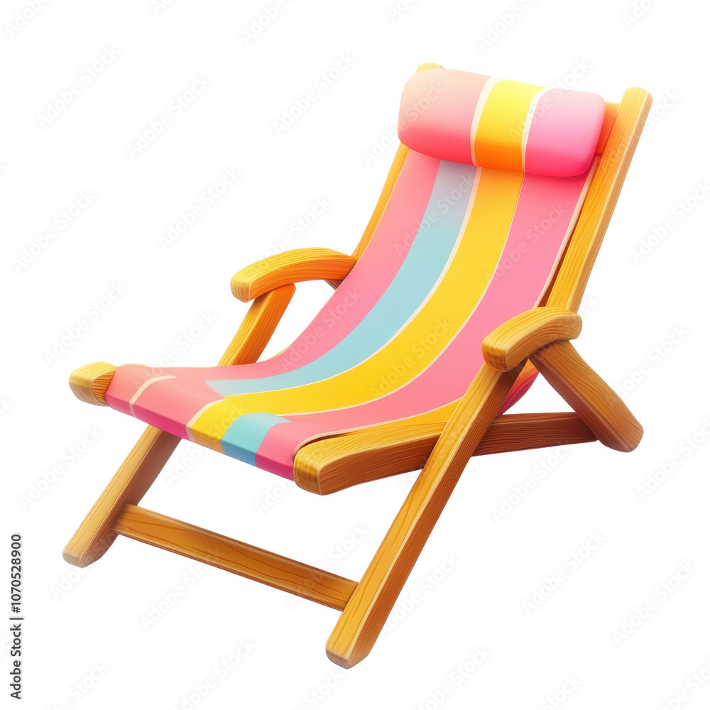 A colorful deck chair with a striped fabric design, featuring a cushioned headrest and a wooden frame, perfect for outdoor relaxation., isolated on a transparent background. A colorful deck chair with a striped fabric design, featuring a cushioned headrest and a wooden frame, perfect for outdoor relaxation., isolated on a transparent background.