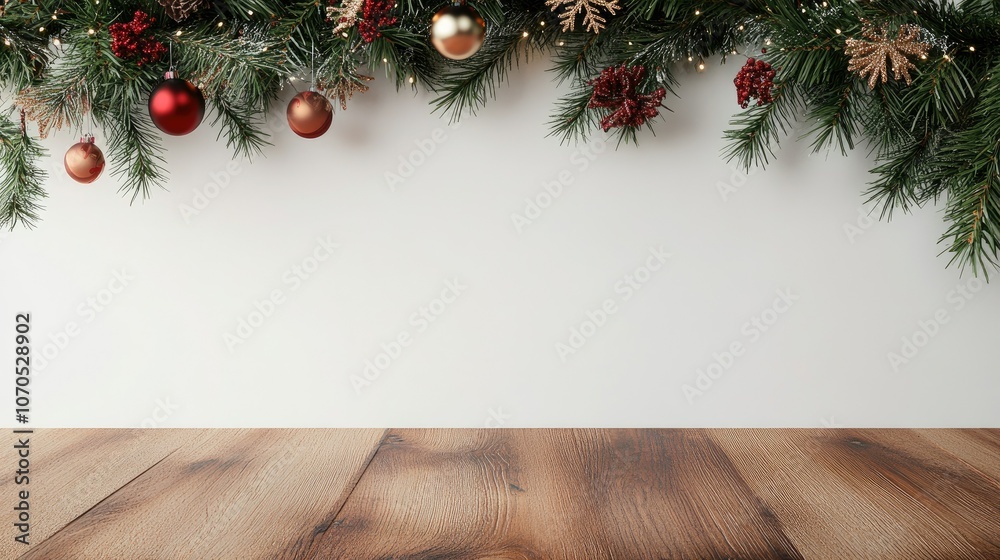 Festive interior with a blank white wall, cozy wooden floor, and a warm holiday atmosphere. Subtle Christmas decorations in the background with space for text. Festive interior with a blank white wall, cozy wooden floor, and a warm holiday atmosphere. Subtle Christmas decorations in the background with space for text.