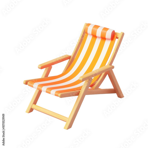 A colorful deck chair with orange and white stripes, designed for relaxation and outdoor settings., isolated on a transparent background.
