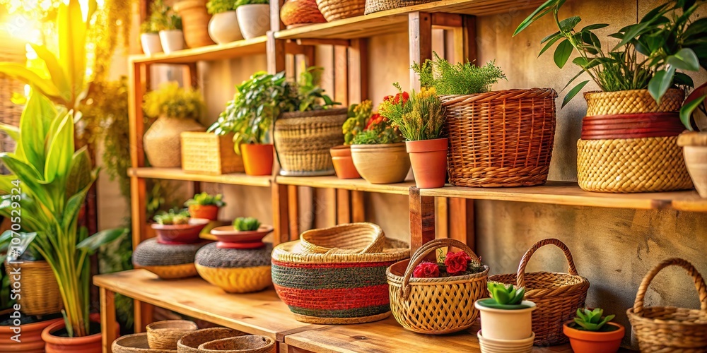 Fototapeta premium Cozy Shelf Display, Woven Baskets, Plants, Decor