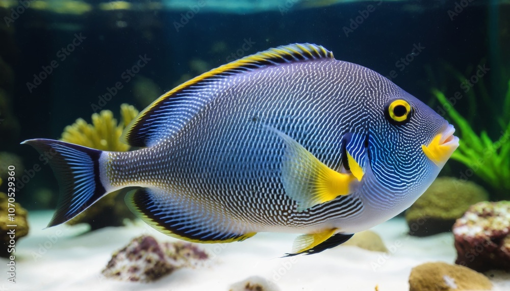Blue fish with yellow pattern in aquarium of Aquazoo Dusseldorf. Triggerfish, trigger fish. Tropical fish, salt water fish, living in Indo Pacific Sea Blue fish with yellow pattern in aquarium of Aquazoo Dusseldorf. Triggerfish, trigger fish. Tropical fish, salt water fish, living in Indo Pacific Sea