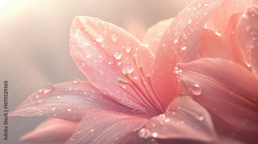 Fototapeta premium A close-up of a pink flower with water droplets, highlighting its delicate beauty.