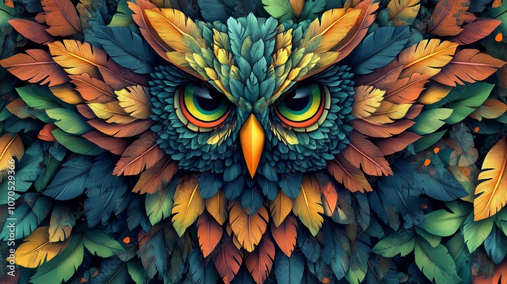 Fototapeta premium Majestic owl composed of colorful feathers staring with intense gaze