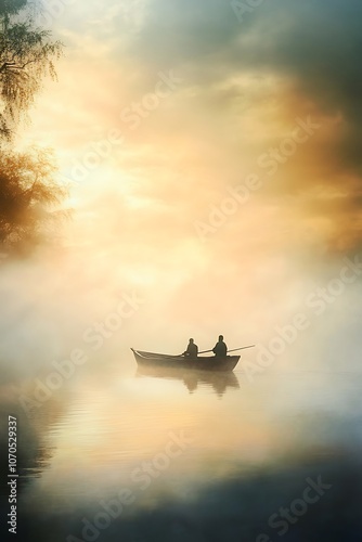 Two Figures in a Rowboat on a Misty Lake at Sunrise