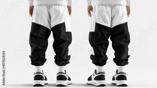 front and back black white jogger pants mock up on white background 