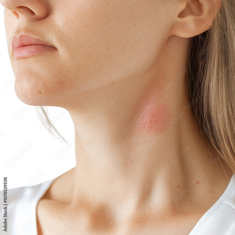 Obraz premium A close-up of a woman's neck showing a red mark, possibly indicating irritation or a skin condition against a black background., isolated on a transparent background.
