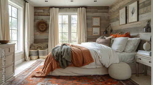 Rustic mediumsized bedroom warm wood tones comfy bed and cozy textiles for a welcoming countryinspired retreat photo