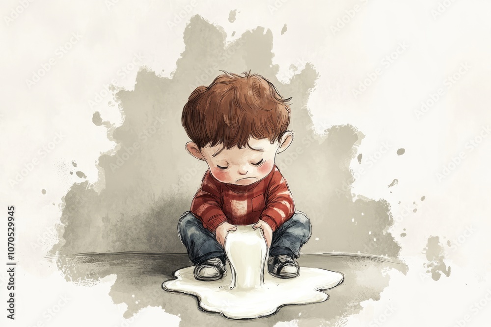 Fototapeta premium illustration of a child crying in front of a spilled milk , idiom , cry over spilled milk