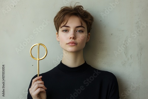 Serene female with golden prop in minimalistic style