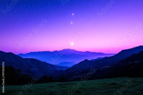 A serene twilight view of distant mountains under a starry sky in purple hues