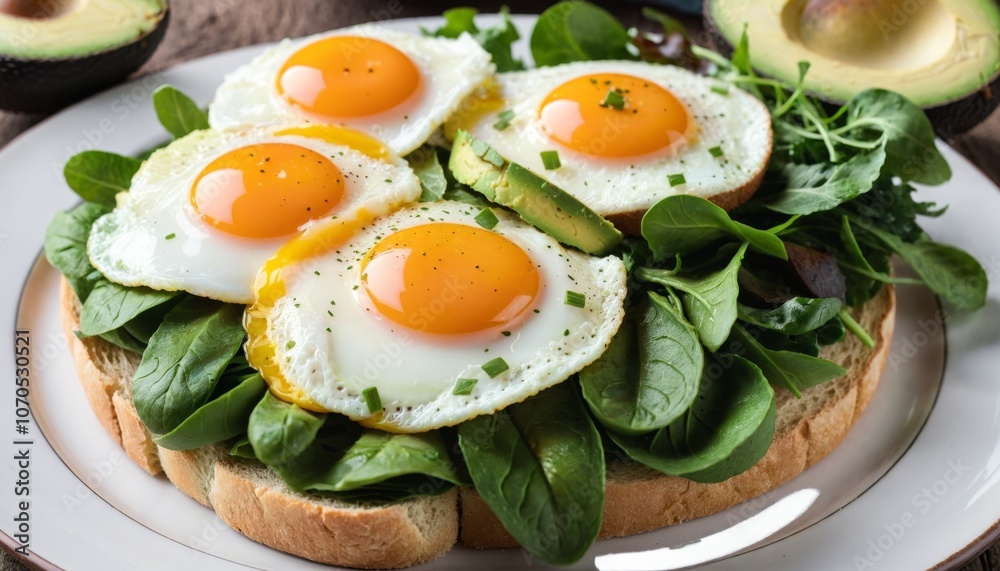 Bread with fried eggs, avocado and greens, close up view Bread with fried eggs, avocado and greens, close up view