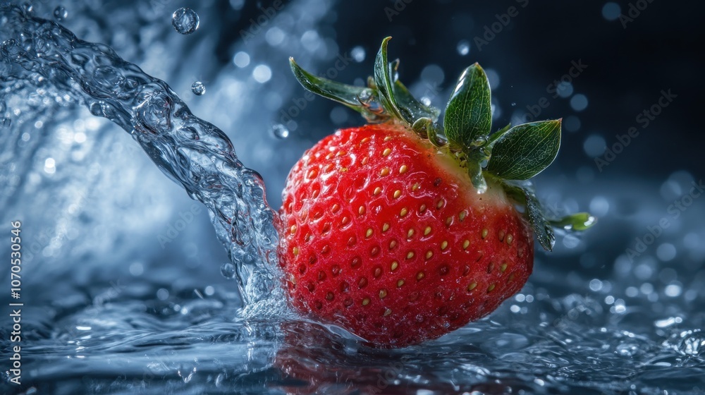 A fresh strawberry splashes into water, showcasing vibrant colors and dynamic motion. A fresh strawberry splashes into water, showcasing vibrant colors and dynamic motion.