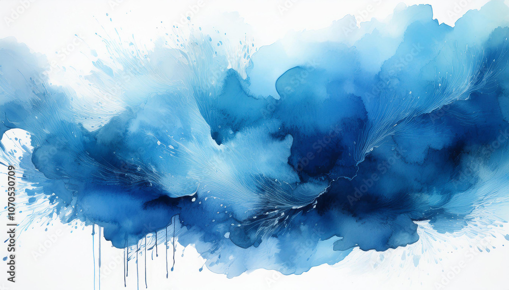 Obraz premium Vibrant blue abstract watercolor blot with soft, blended edges on white background. Hand drawn art