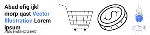 Shopping cart, dollar coin, and hand clicking on blue dollar icon. Ideal for e-commerce, online retail, financial transactions, digital payments, internet shopping, mobile apps, digital wallets