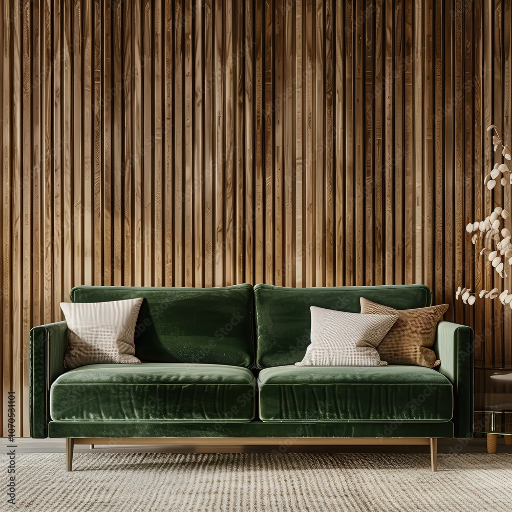 A green velvet sofa with pillows sits in front of a wooden wall. a coffee table with a white cup sits in front of the sofa. a potted plant is on the right A green velvet sofa with pillows sits in front of a wooden wall. a coffee table with a white cup sits in front of the sofa. a potted plant is on the right