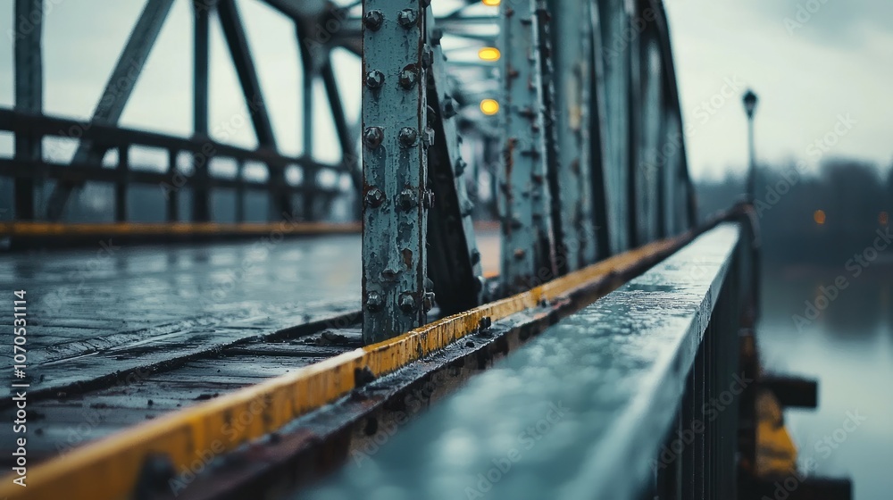 Close-up of an old bridge with metal railings and yellow paint on a rainy day. Close-up of an old bridge with metal railings and yellow paint on a rainy day.