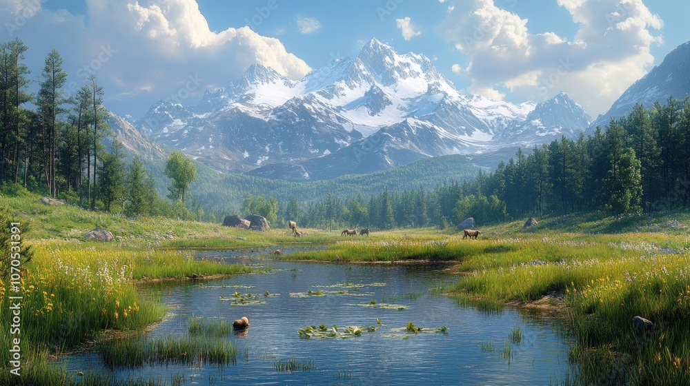 Fototapeta premium Serene mountain landscape with a tranquil river and grazing horses.