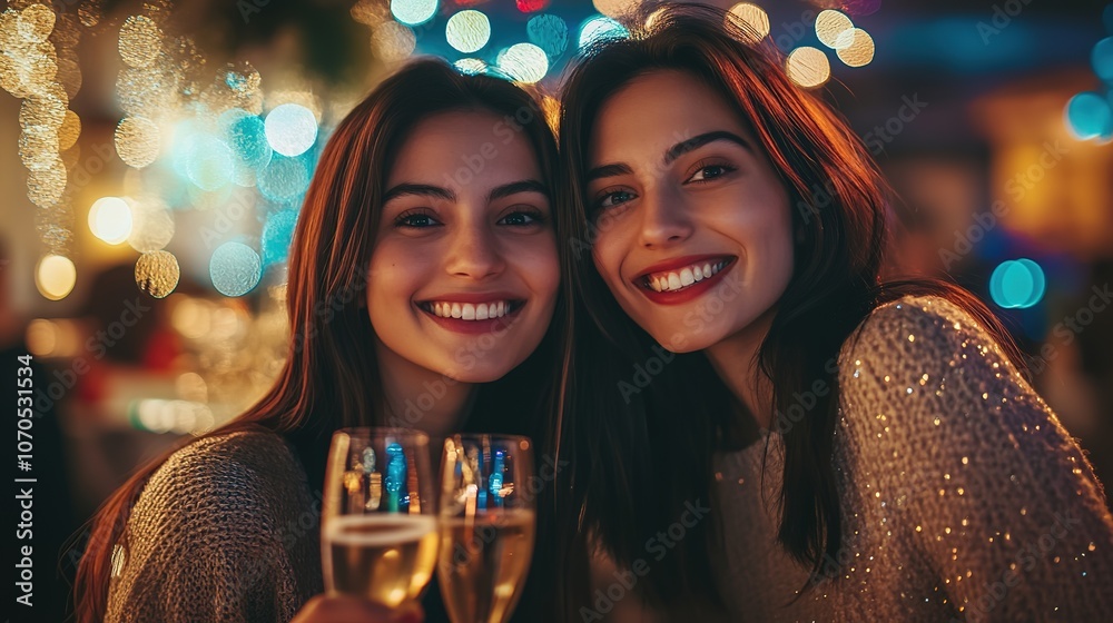 Smiling women toasting with champagne at a festive event Smiling women toasting with champagne at a festive event