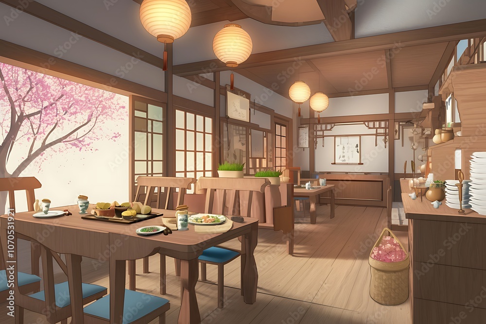 A Traditional Japanese Restaurant Interior with a View of a Blooming Cherry Tree A Traditional Japanese Restaurant Interior with a View of a Blooming Cherry Tree