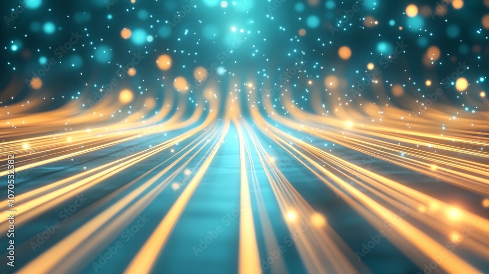Fiber optic telecommunication network emphasizing light transmission through glass fibers with intricate visuals of data pulses