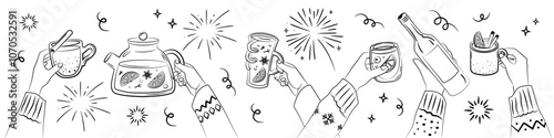 Hands holding mulled wine glasses, holiday and party atmosphere. Vector illustration in sketch style. Invitation design element, banner, template on white background.