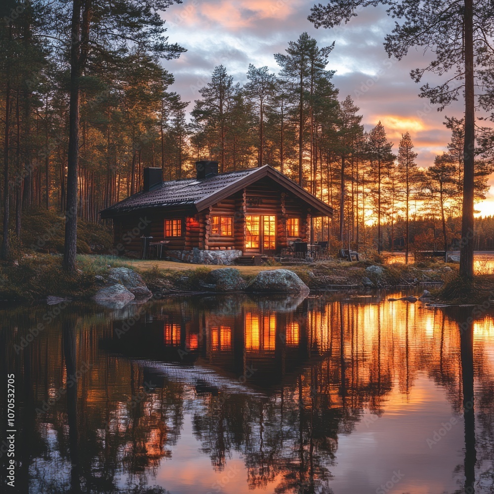 Obraz premium Finland nature photography, isolated cottage in the forest near a lake