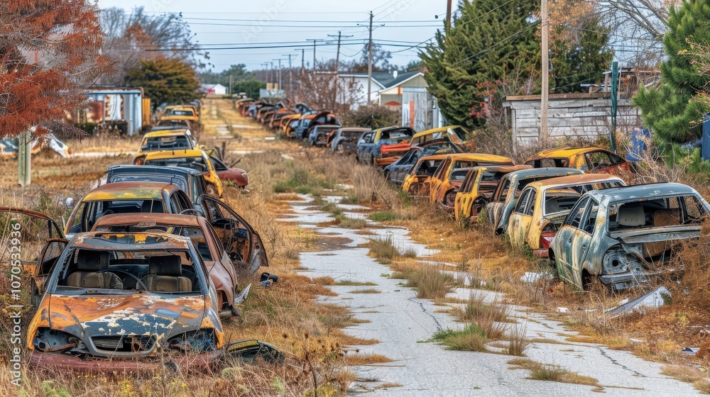 A desolate street lined with abandoned, rusty cars overtaken by nature, showcasing urban decay and the passage of time. A desolate street lined with abandoned, rusty cars overtaken by nature, showcasing urban decay and the passage of time.