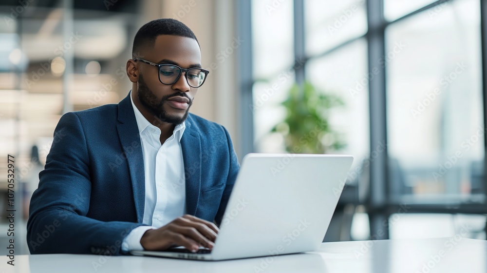 Focused on the Task: A professional businessman in a suit and glasses works diligently on his laptop, demonstrating focus and determination in a modern office setting. Focused on the Task: A professional businessman in a suit and glasses works diligently on his laptop, demonstrating focus and determination in a modern office setting.