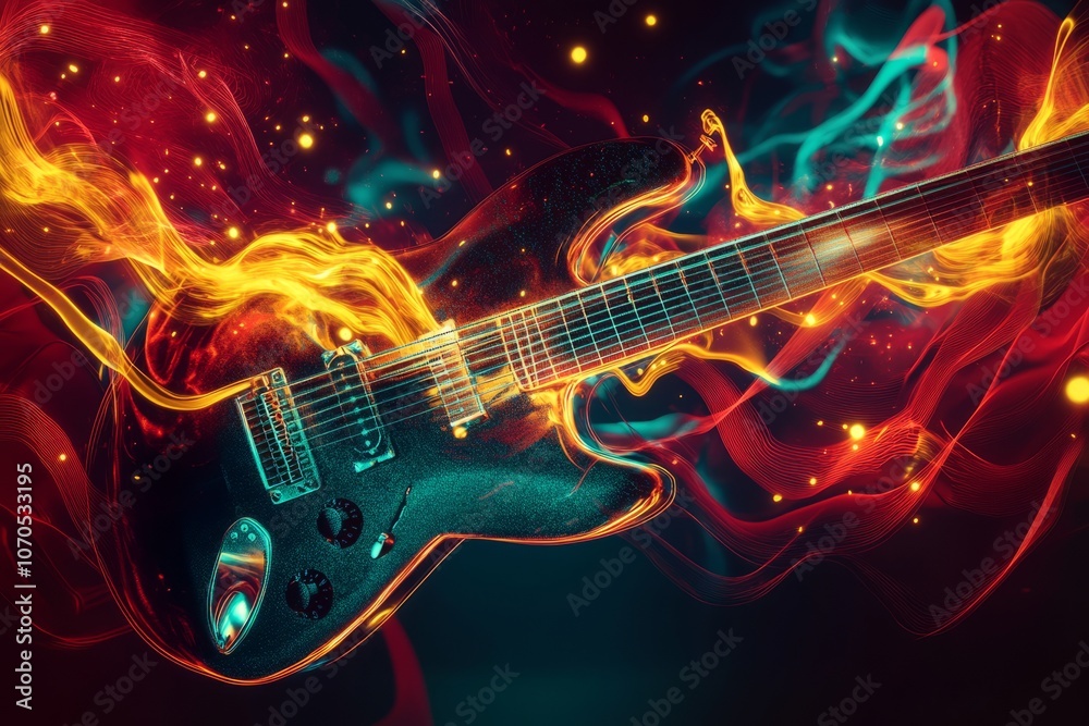 Fototapeta premium sleek modern electric guitar with pulsating sound waves