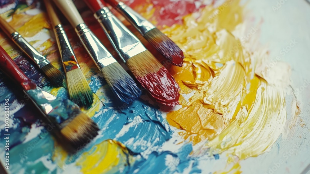 Obraz premium Vibrant Art Supplies on Palette, a display of vivid paints and brushes arranged harmoniously, capturing the essence of creativity against a pristine white canvas