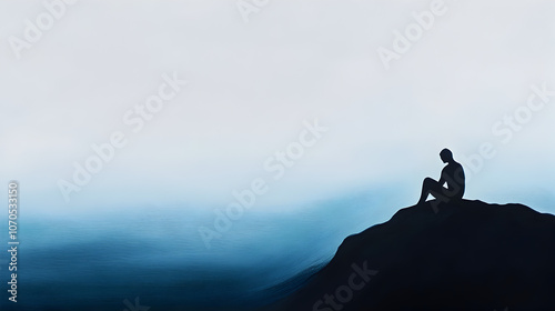 A figure sitting on a rock, gazing out at an abstract sea, symbolizing introspection.


