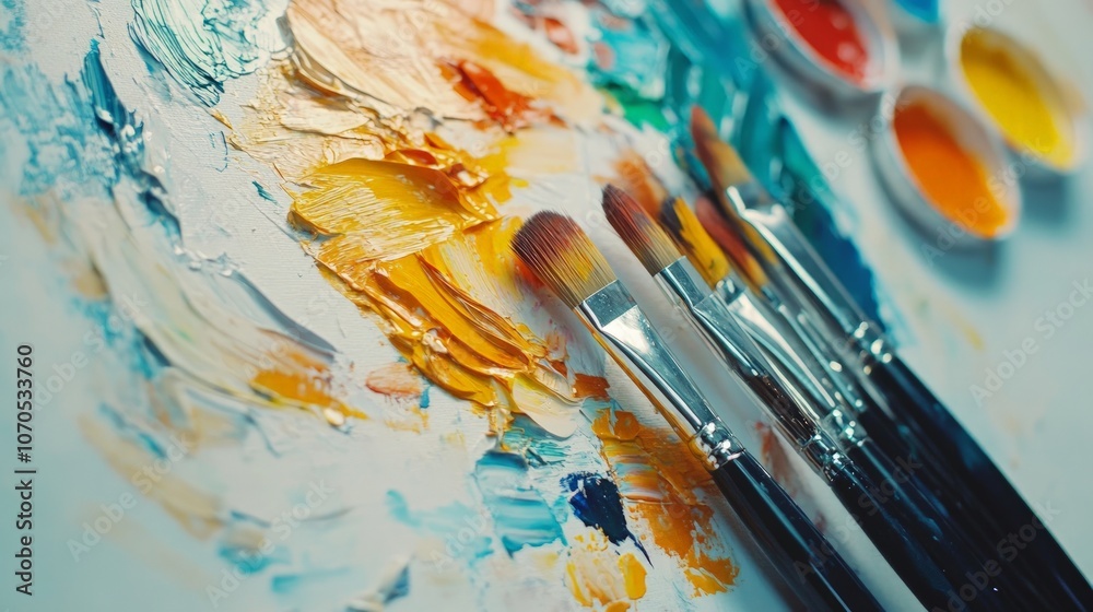 Fototapeta premium Vibrant Paints and Brushes on Palette, an artistic display of colorful paints and brushes arranged beautifully on a palette, set against a bright white canvas background.