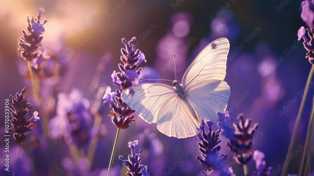 Naklejka premium A delicate butterfly perched on vibrant lavender flowers in a serene, colorful setting.