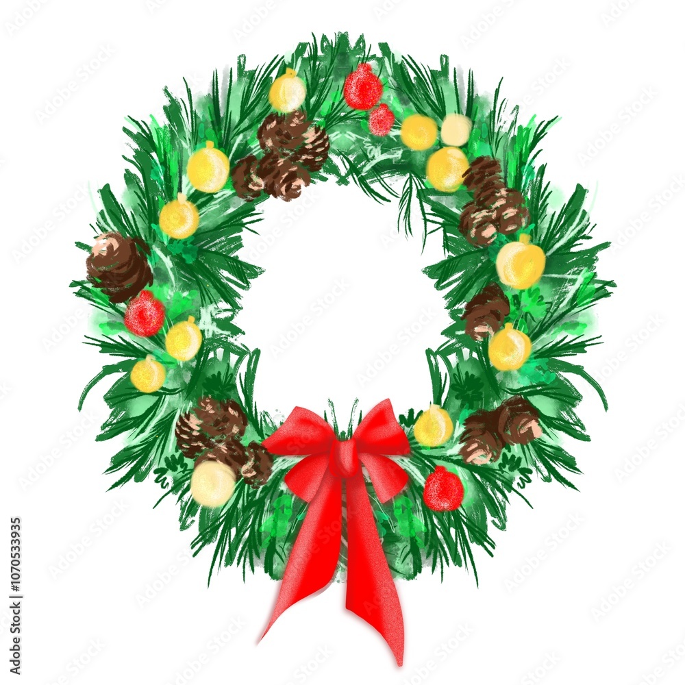 Christmas wreath with a bow on the white background. Christmas illustration Christmas wreath with a bow on the white background. Christmas illustration