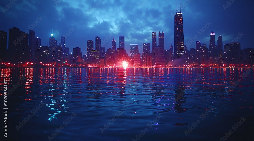 Obraz premium Cityscape Skyline Reflections Night Water