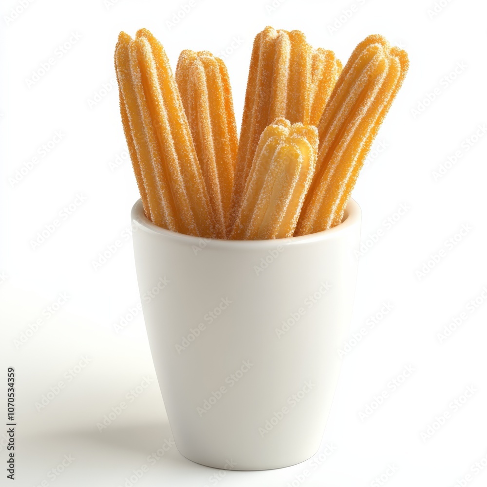 Front view of a cup full of mexican churros white background