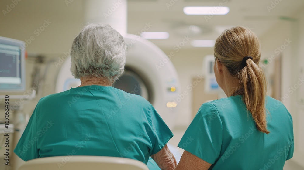 Elderly Woman Undergoing Bone Density Scan - Emphasizing Patient Care and Early Diagnosis for Awareness in a Comforting Medical Environment Elderly Woman Undergoing Bone Density Scan - Emphasizing Patient Care and Early Diagnosis for Awareness in a Comforting Medical Environment