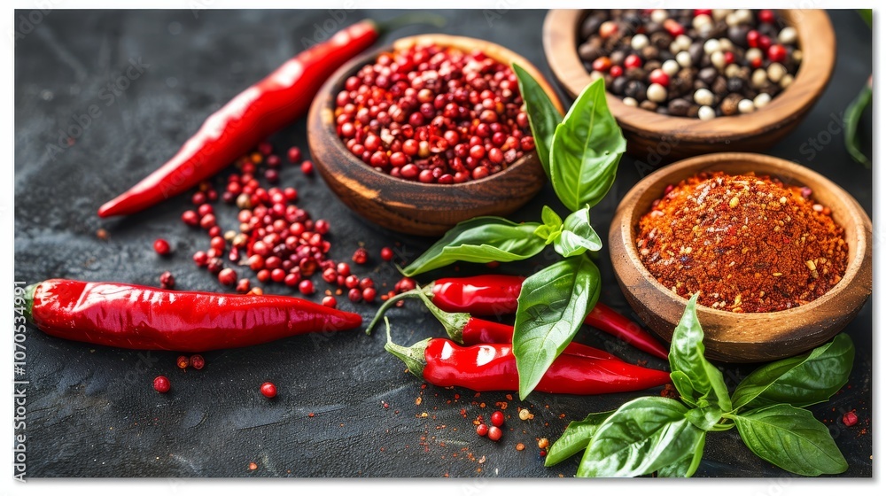 Assortment of Vibrant Spices with Fresh Red Chili Peppers on Dark Background, Culinary Photography Assortment of Vibrant Spices with Fresh Red Chili Peppers on Dark Background, Culinary Photography