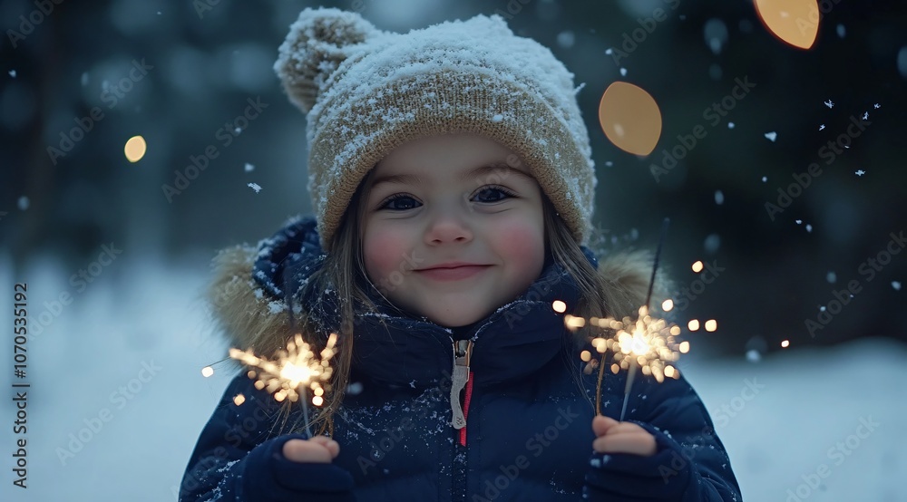 Happy Child Holding Sparkler in Winter Wonderland Happy Child Holding Sparkler in Winter Wonderland