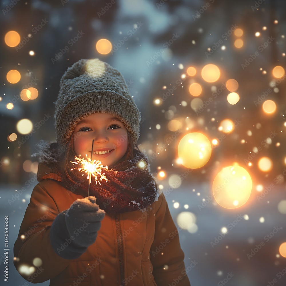 Happy Girl Holding Sparkler in Winter Wonderland with Bokeh Lights Happy Girl Holding Sparkler in Winter Wonderland with Bokeh Lights