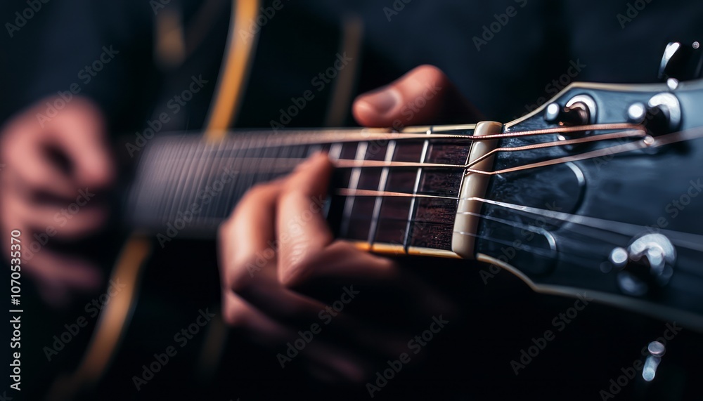 Fototapeta premium Individual playing acoustic guitar with focus on hands and strings in a dimly lit setting