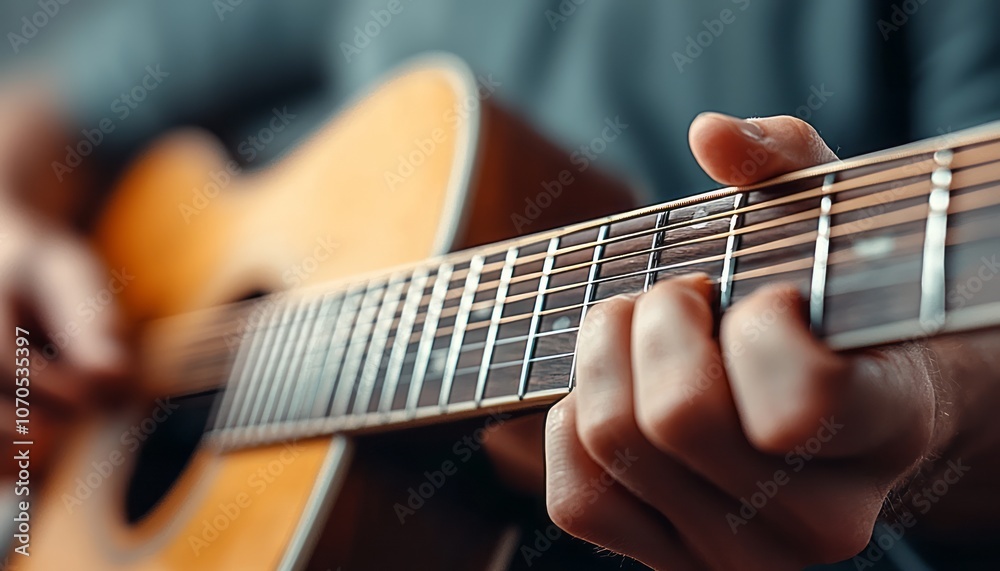 Obraz premium A musician strumming an acoustic guitar indoors during a relaxed afternoon session