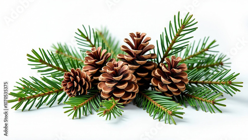 Pine cones and green pine branches arranged together, isolated on a white background.