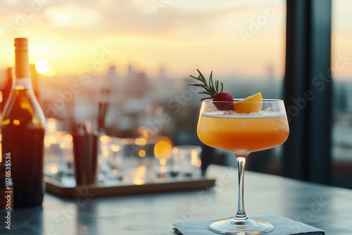 Close-up of a fancy cocktail at the rooftop bar with sunset in the background.