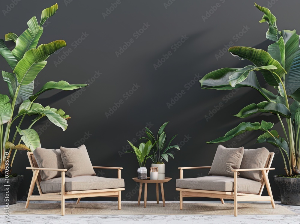 Two comfortable armchairs with cushions sit on a woven rug in a modern minimalist living room with lush tropical plants against a dark wall with vertical wood paneling Two comfortable armchairs with cushions sit on a woven rug in a modern minimalist living room with lush tropical plants against a dark wall with vertical wood paneling