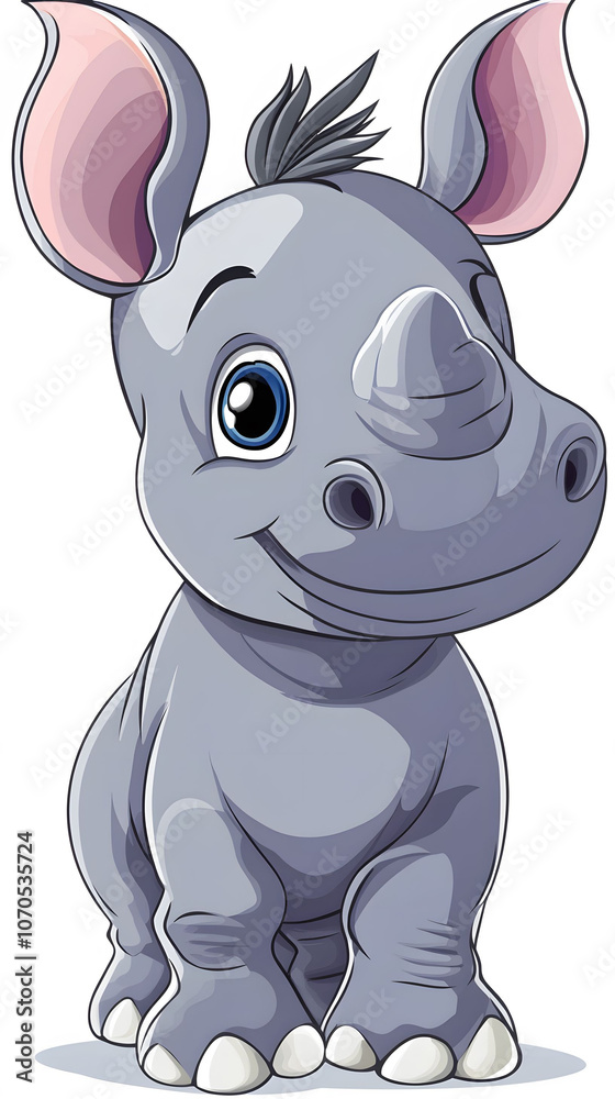 Fototapeta premium Cartoon illustration of a cute rhino character in a playful, wildlife-themed setting with other animals
