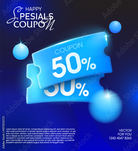3d happy special coupon with coupon code, percent price off, isolated on gradient background. Discount voucher poster for promotion campaign. 3d vector. Vector illustration