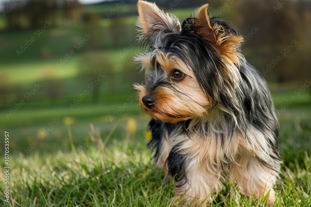 A small Yorkshire Terrier dog with long, silky black and tan fur standing in a grassy field A small Yorkshire Terrier dog with long, silky black and tan fur standing in a grassy field