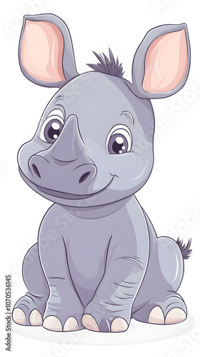 Cartoon illustration of a cute rhino character in a playful, wildlife-themed setting with other animals